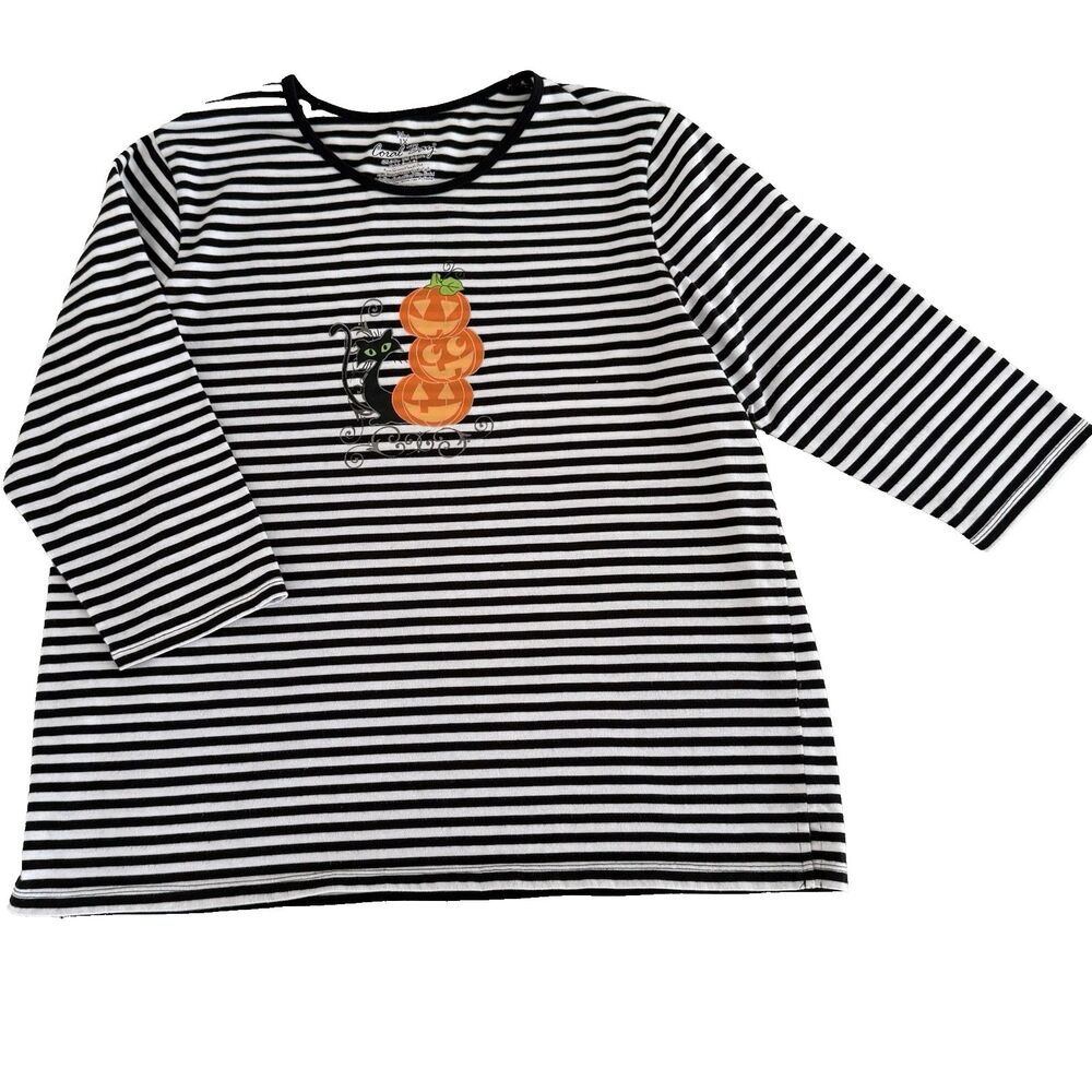 Coral Bay Women's Plus Sz 1X Halloween Black Cat Jack O'Lantern Striped Top 3/4